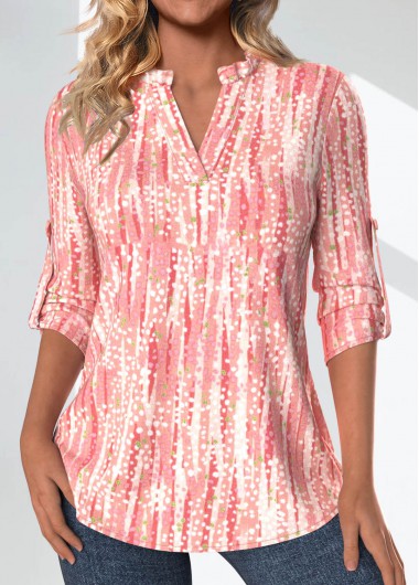 ROTITA Frill Geometric Print Pink Split Neck 3/4 Sleeve Blouse