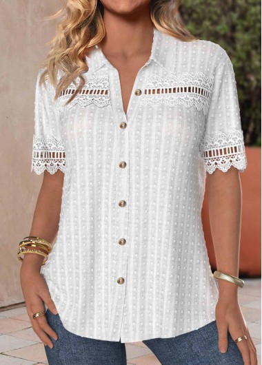 ROTITA Patchwork Button Up White Shirt Collar Thin Blouse