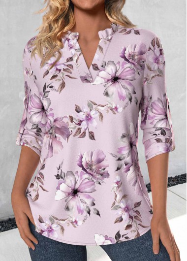 ROTITA Frill Floral Print Light Purple Split Neck Blouse
