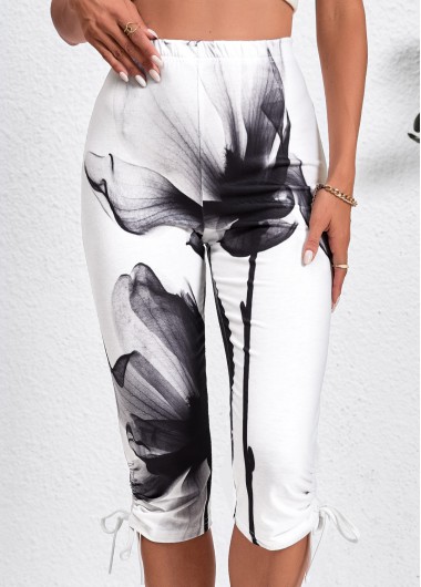 Drawstring Ink Painting Print White Skinny Elastic Waist Pants