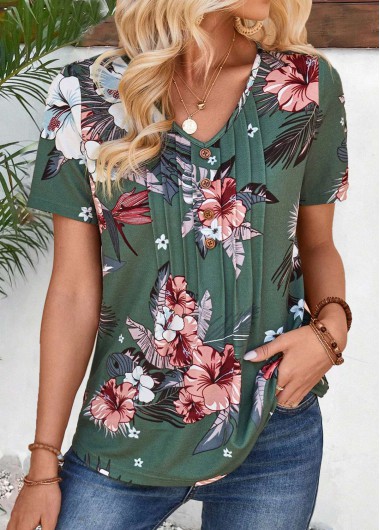ROTITA Tuck Stitch Random Floral Print Green T Shirt