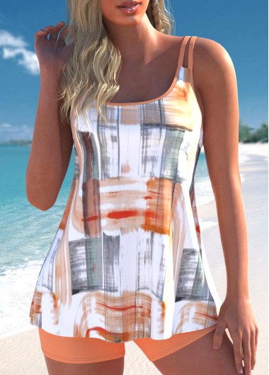 ROTITA Contrast Binding Orange Geometric Print Tankini Set