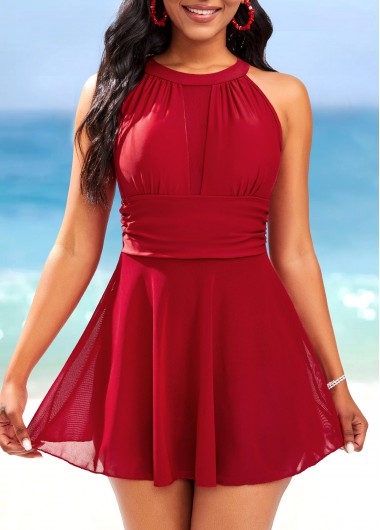ROTITA Cutout Mesh Wine Red One Piece Swimdress