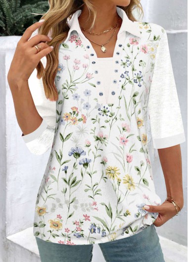 ROTITA Patchwork Floral Print White Shirt Collar Blouse