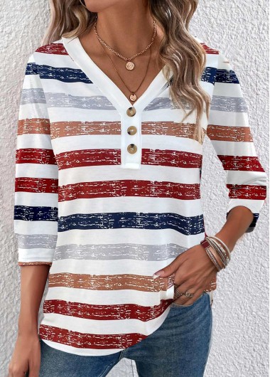 ROTITA Button Multi Stripe Print Red V Neck T Shirt