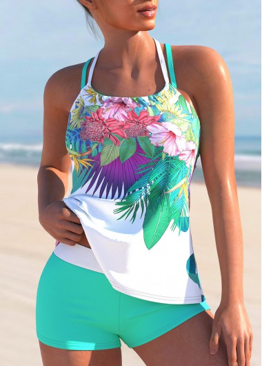 ROTITA Fake 2in1 Cyan Floral Print Tankini Set