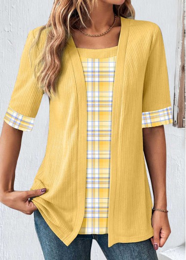 ROTITA Fake 2in1 Plaid Yellow Scoop Neck T Shirt