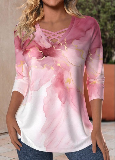 ROTITA Criss Cross Marble Print Pink V Neck T Shirt