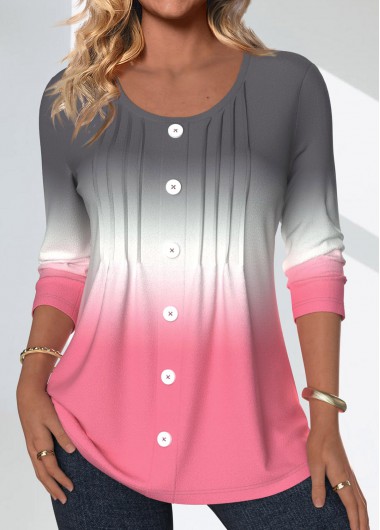 ROTITA Tuck Stitch Ombre Pink Round Neck Long Sleeve Blouse