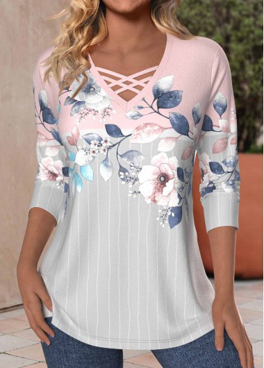 ROTITA Criss Cross Floral Print Light Pink T Shirt