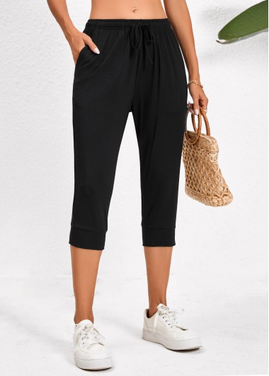 Pocket Regular Elastic Waist High Waisted Black Pants