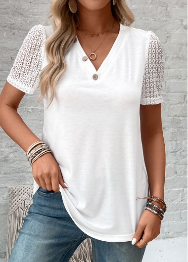 ROTITA Patchwork White V Neck Short Sleeve T Shirt