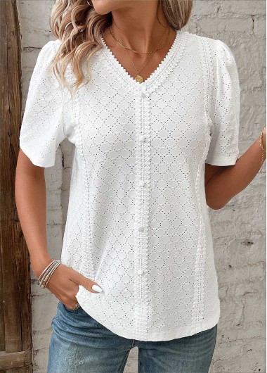 ROTITA Patchwork White V Neck Short Sleeve Blouse