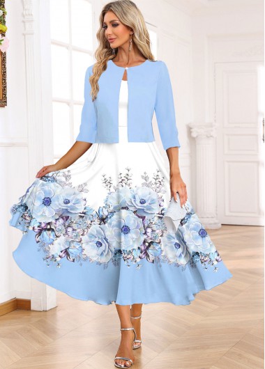 ROTITA Two Piece Floral Print Light Blue Dress and Cardigan