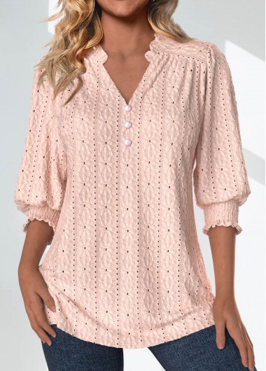 ROTITA Textured Fabric Light Pink Split Neck 3/4 Sleeve Blouse