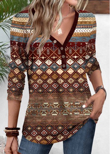 ROTITA Patchwork Tribal Print Multi Color V Neck T Shirt