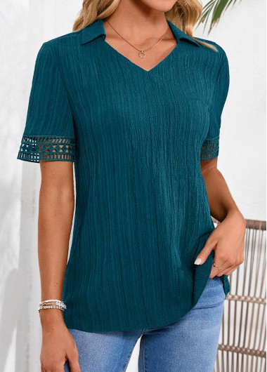 ROTITA Lace Peacock Blue Shirt Collar Short Sleeve Blouse