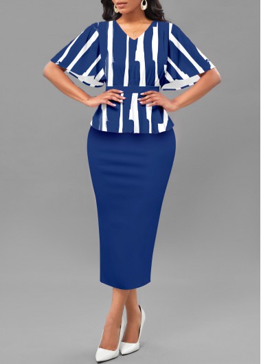 ROTITA Patchwork Striped Blue V Neck Short Sleeve Bodycon Dress