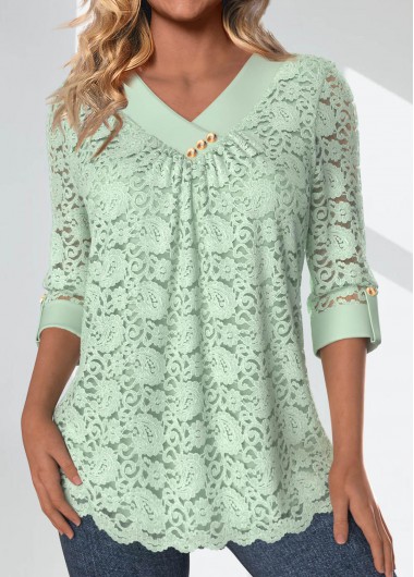 ROTITA Lace Light Green V Neck 3/4 Sleeve Blouse