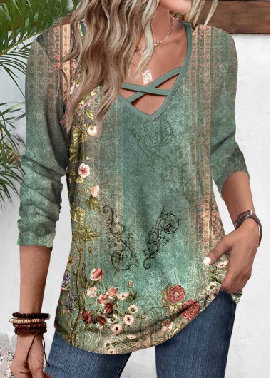 ROTITA Criss Cross Floral Print Multi Color T Shirt