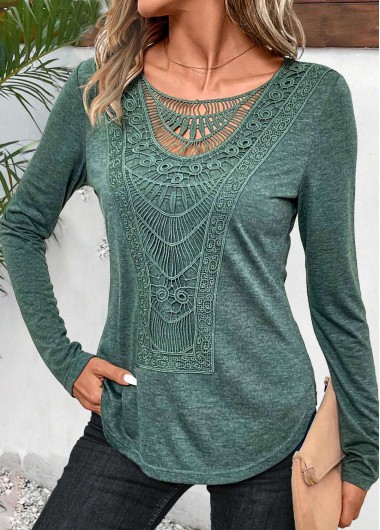 ROTITA Lace Sage Green Round Neck Long Sleeve T Shirt