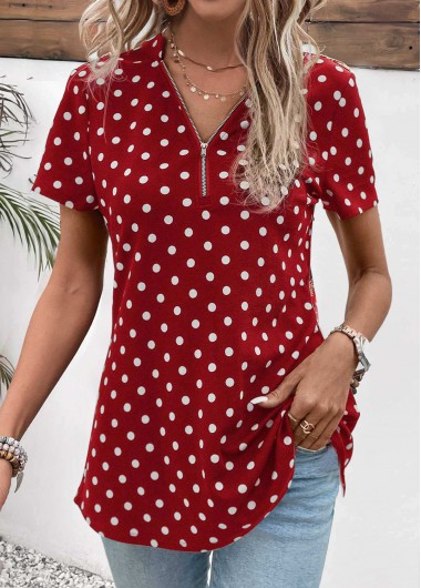ROTITA Zipper Polka Dot Wine Red V Neck Blouse