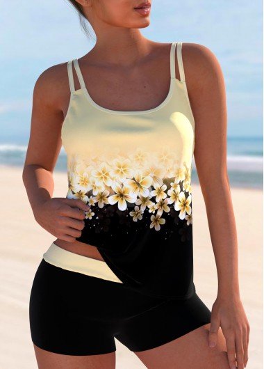 ROTITA Patchwork Light Yellow Floral Print Tankini Set
