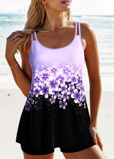 ROTITA Patchwork Light Purple Floral Print Tankini Top