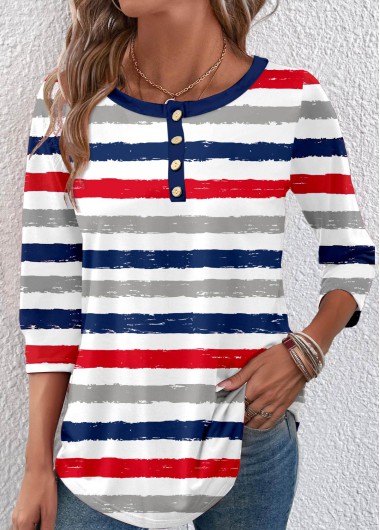 ROTITA Button Striped Multi Color Round Neck T Shirt
