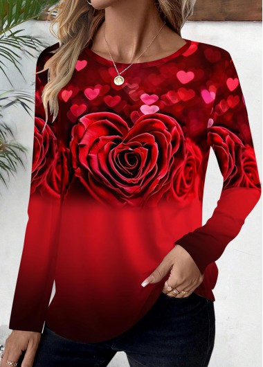 ROTITA Floral Print Red Round Neck T Shirt