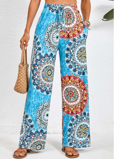 Pocket Tribal Print Neon Blue Elastic Waist Pants