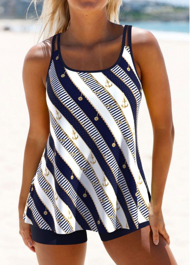 ROTITA Navy Double Straps Striped Tankini Set