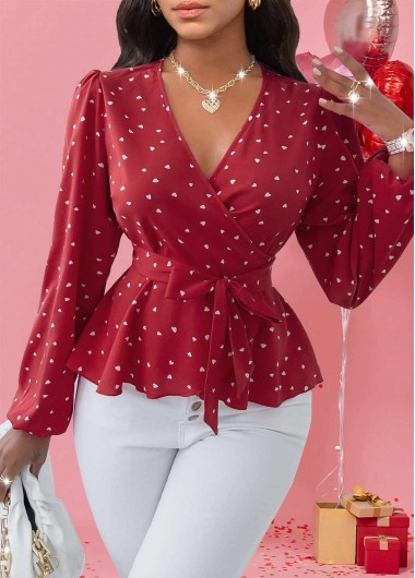 ROTITA Patchwork Heart Print Red Belted V Neck Blouse
