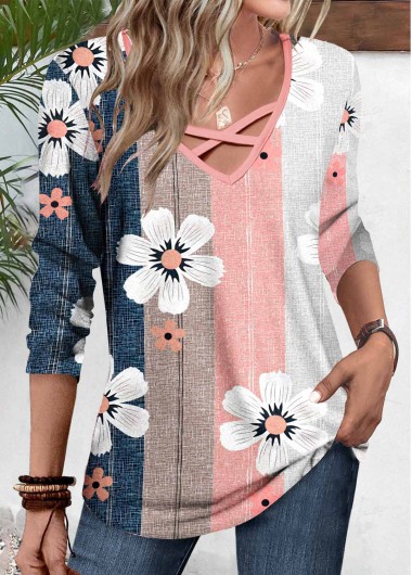 ROTITA Patchwork Floral Print Multi Color V Neck T Shirt