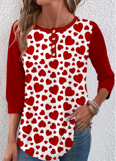ROTITA Button Heart Print Wine Red T Shirt