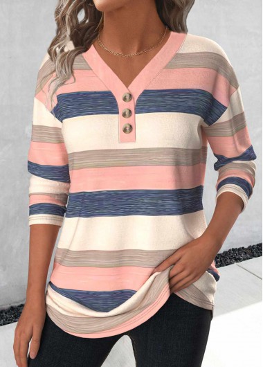 ROTITA Button Striped Light Pink V Neck T Shirt