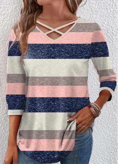 ROTITA Criss Cross Striped Multi Color 3/4 Sleeve T Shirt