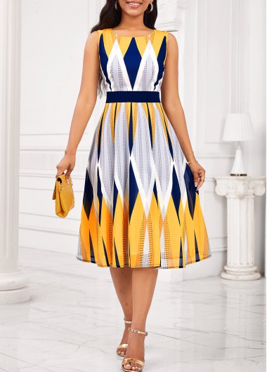 ROTITA Umbrella Hem Geometric Print Multi Color Round Neck Dress