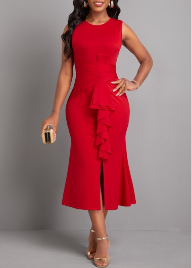 ROTITA Asymmetry Red V Neck Sleeveless Bodycon Dress