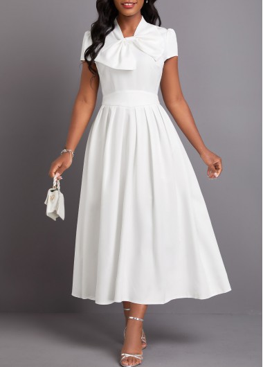 ROTITA Bowknot White Stand Collar Short Sleeve Dress
