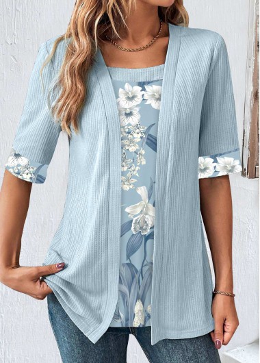 ROTITA Fake 2in1 Floral Print Light Blue T Shirt