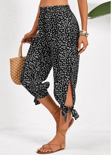 Split Ditsy Floral Print Black Jogger Elastic Waist Pants