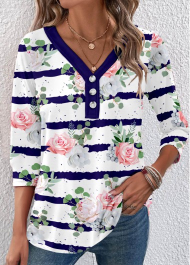 ROTITA Button Floral Print White V Neck T Shirt