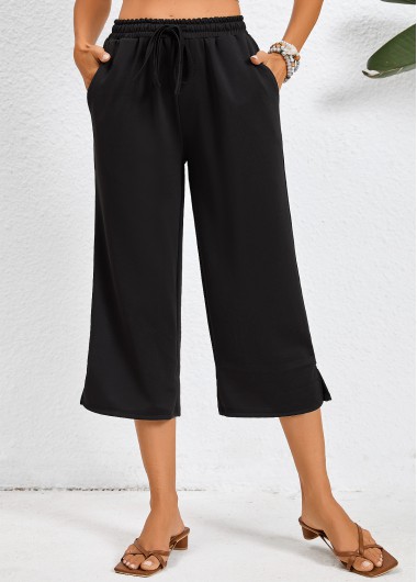 Pocket Black Elastic Waist High Waisted Pants