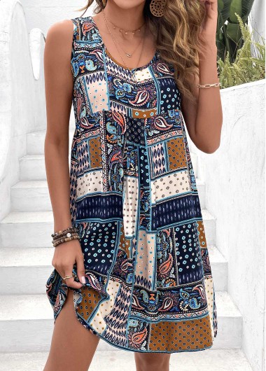 Patchwork Tribal Print Multi Color Short A Line Dress
