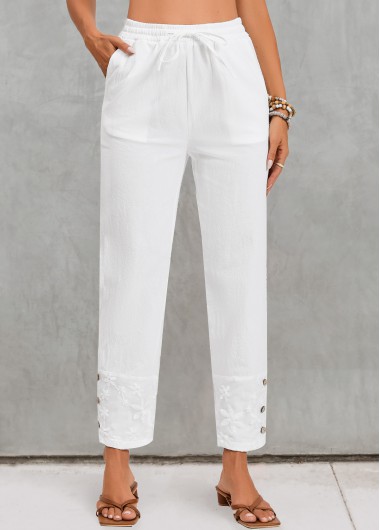 Pocket White Elastic Waist High Waisted Pants