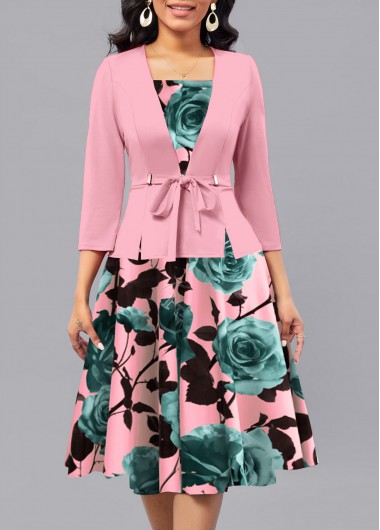 ROTITA Patchwork Floral Print Pink Square Neck 3/4 Sleeve Dress