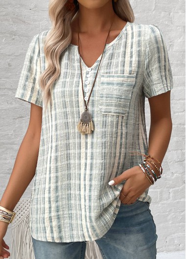 ROTITA Button Striped Light Green Split Neck Short Sleeve Blouse