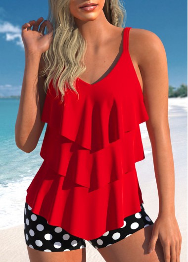 ROTITA Handkerchief Hem Red Polka Dot Tankini Set