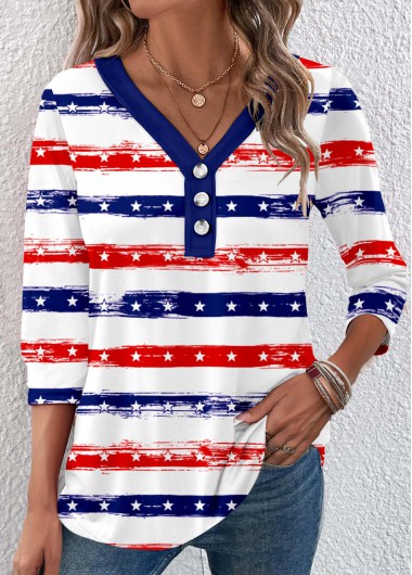 ROTITA Button Striped Navy V Neck 3/4 Sleeve T Shirt